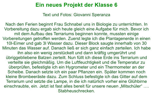 Ein neues Projekt der Klasse 6  Text und Fotos: Giovanni Speranza  Nach den Ferien beginnt Frau Schnabel uns in Biologie zu unterrichten. In Vorbereitung dazu ergab sich heute gleich eine Aufgabe fr mich. Bevor ich mit dem Aufbau des Terrariums beginnen konnte, mussten einige Vorbereitungen getroffen werden. Zuerst legte ich die Plantagenerde in einen 10l-Eimer und gab 3l Wasser dazu. Dieser Block saugte innerhalb von 30 Minuten das Wasser auf. Danach lie er sich ganz einfach zerteilen. Ich habe ihn also ein wenig zerstckelt und dann krftig umgerhrt und briggebliebene Batzen zerteilt. Nun fllt ich diese Erde ins Terrarium und verteilte sie gleichmig. Um die Luftfeuchtigkeit und die Temperatur zu berprfen, befestigte ich ein Hygrometer und ein Thermometer an der Scheibe. Danach setzte ich ein paar Pflanzen ein. Spter kommen noch kleine Brombeerste dazu. Zum Schluss befestigte ich das Gitter auf dem Terrarium und setzte die Lampe, in die ich natrlich vorher eine Glhbirne einschraubte, ein. Jetzt ist fast alles bereit fr unsere neuen Mitschler . Stabheuschrecken.