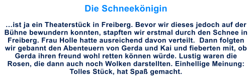 Die Schneeknigin   ist ja ein Theaterstck in Freiberg. Bevor wir dieses jedoch auf der Bhne bewundern konnten, stapften wir erstmal durch den Schnee in Freiberg. Frau Holle hatte ausreichend davon verteilt.  Dann folgten wir gebannt den Abenteuern von Gerda und Kai und fieberten mit, ob Gerda ihren freund wohl retten knnen wrde. Lustig waren die Rosen, die dann auch noch Wolken darstellten. Einhellige Meinung: Tolles Stck, hat Spa gemacht.