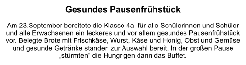 Gesundes Pausenfrühstück  Am 23.September bereitete die Klasse 4a  für alle Schülerinnen und Schüler und alle Erwachsenen ein leckeres und vor allem gesundes Pausenfrühstück vor. Belegte Brote mit Frischkäse, Wurst, Käse und Honig, Obst und Gemüse und gesunde Getränke standen zur Auswahl bereit. In der großen Pause „stürmten“ die Hungrigen dann das Buffet.