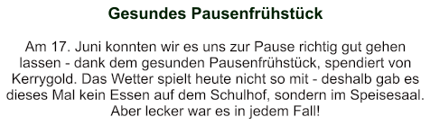 Gesundes Pausenfrühstück   Am 17. Juni konnten wir es uns zur Pause richtig gut gehen lassen - dank dem gesunden Pausenfrühstück, spendiert von Kerrygold. Das Wetter spielt heute nicht so mit - deshalb gab es dieses Mal kein Essen auf dem Schulhof, sondern im Speisesaal. Aber lecker war es in jedem Fall!