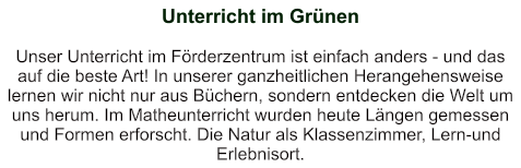 Unterricht im Grünen   Unser Unterricht im Förderzentrum ist einfach anders - und das auf die beste Art! In unserer ganzheitlichen Herangehensweise lernen wir nicht nur aus Büchern, sondern entdecken die Welt um uns herum. Im Matheunterricht wurden heute Längen gemessen und Formen erforscht. Die Natur als Klassenzimmer, Lern-und Erlebnisort.