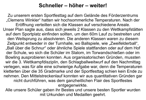 Schneller – höher – weiter!  Zu unserem ersten Sportfesttag auf dem Gelände des Förderzentrums „Clemens Winkler“ hatten wir hochsommerliche Temperaturen. Nach der Eröffnung verteilten sich die Klassen auf verschiedene Areale. Unser Plan sagte aus, dass sich jeweils 2 Klassen zu den Wettkampfstätten auf dem Sportplatz einfinden sollten, um den 60m Lauf zu bestreiten und den Weitsprung zu absolvieren. Die anderen Klassen waren zu diesem Zeitpunkt entweder in der Turnhalle, wo Ballspiele, wie „Zweifelderball“, „Ball über die Schnur“ oder ähnliche Spiele stattfanden oder auf dem Hof der Schule, wo sich die Schüler im Slalom, im Torwandschießen oder im Bowling ausprobieren konnten. Aus organisatorischen Gründen, mussten wir die 3. Wettkampfdisziplin, den Schlagballweitwurf auf den Nachmittag verlegen, was für alle eine schwierige Aufgabe war, denn die Temperaturen kletterten über die 35 Gradmarke und der Sportfesttag schien kein Ende zu nehmen. Den Mittelstreckenlauf konnten wir aus quantitativen Gründen gar nicht durchführen, was dem ganzheitlichen Flair des Sportfestes entgegenwirkte.  Alle unsere Schüler gaben ihr Bestes und unsere besten Sportler wurden mit Urkunden und Medaillen geehrt.